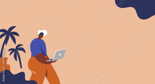 Person working on a laptop amidst tropical palm trees, representing remote work, digital nomad life, and freedom. Perfect for business, travel, and technology themes.