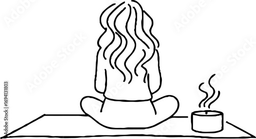 Minimalist line art of woman meditating in lotus position with candle for calm aesthetic
