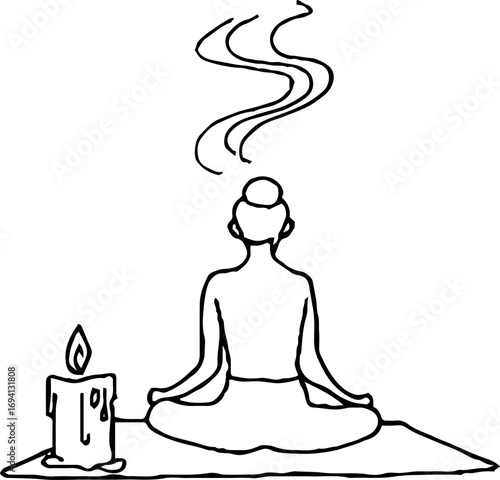 Minimalist line art of woman meditating in lotus position with candle for relaxation and mindfulness