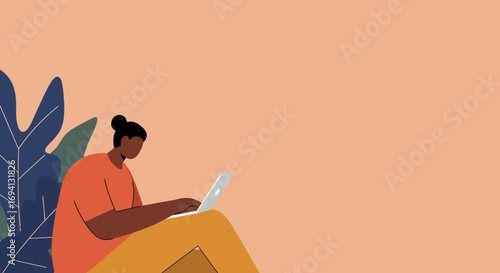 Flat design illustration of a woman using a laptop in a comfortable, plant-filled setting. Evokes remote work, online learning, independent study, or a relaxed digital lifestyle.