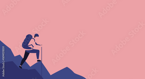 A determined hiker with a backpack and trekking pole ascends a mountain. This minimalist illustration conveys adventure, challenge, and progress, ideal for travel or lifestyle concepts.