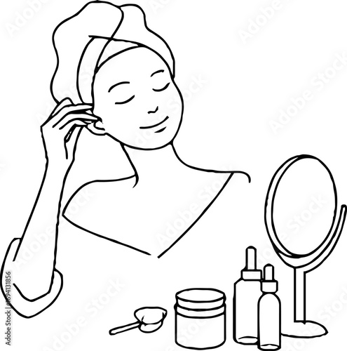 Minimalist line art of woman skincare routine with mirror and beauty products