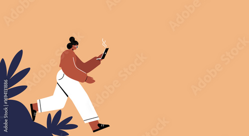 A woman actively walks while focused on her smartphone, embodying modern connectivity, remote work, and an on-the-go digital lifestyle. Ideal for technology, business, and lifestyle content.