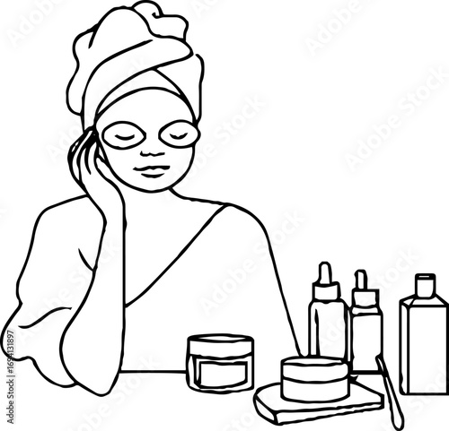 Minimalist line art of woman with skincare routine for spa and beauty aesthetic