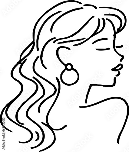 Minimalist line art illustration of woman's profile with elegant earrings for design use