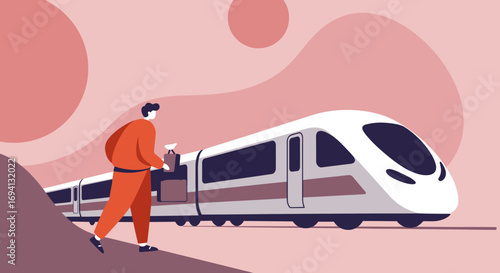 Stylized man with luggage walking towards a modern high-speed train, symbolizing efficient and comfortable travel and adventure.