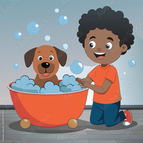 Joyful child bathes happy dog in bubbly orange tub, creating sweet pet moments