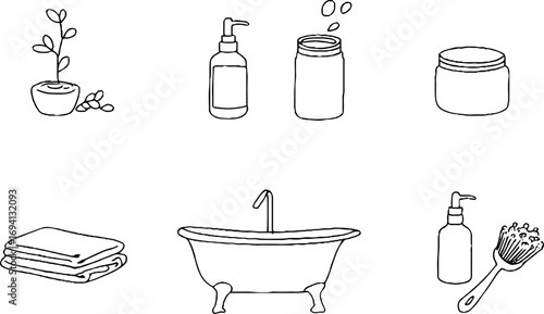 Minimalist line art of bath essentials and skincare bottles for elegant design and decor