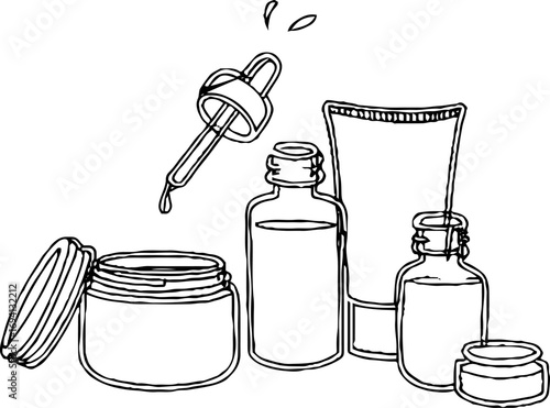 Minimalist line art of skincare products with open cream jar and serum dropper for beauty design