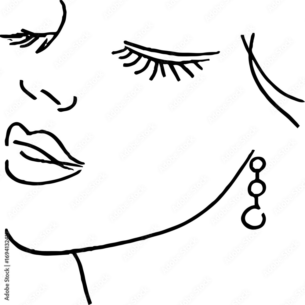 Obraz premium Minimalist line art portrait of female face with earrings for tattoo or aesthetic design