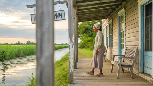 An elderly woman stands on a rustic porch under an 'Africatown' sign, contemplating her community's history and legacy