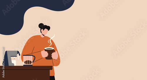 Person holding a steaming cup of coffee after brewing it in a modern coffee maker. Represents daily routines, breaks, and cozy home or office moments.