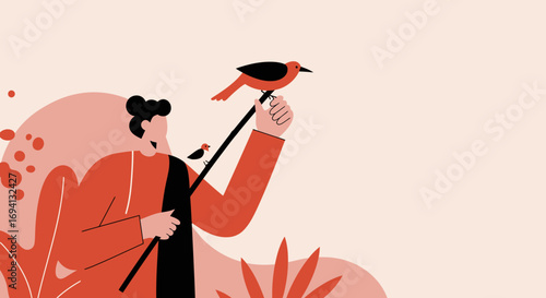 Illustration of a person holding a stick with two colorful birds, symbolizing freedom, nature connection, and environmental care. Ideal for lifestyle and conservation themes.