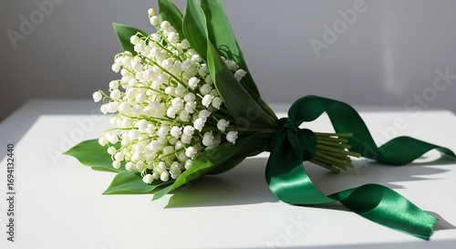 Maiglockenstrauss liegt elegant im Sonnenlicht zarte Blueten frisch gepflueckt. AI Generated