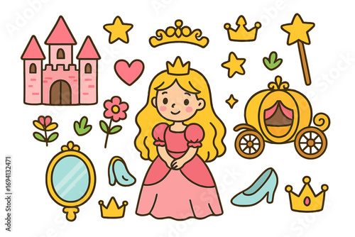 Cute princess fairytale collection. Vector cartoon set with magic castle, carriage, crown, wand and mirror. Girly fantasy sticker pack for kids. Isolated doodle illustration.