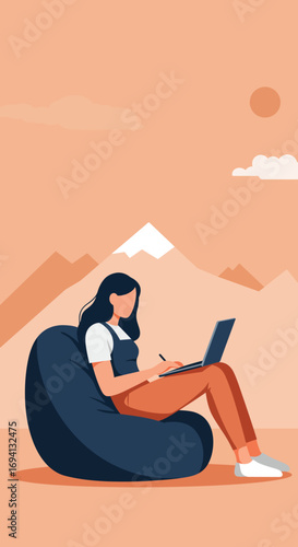 Woman working on laptop with a stylus while sitting on a bean bag in a serene mountain landscape. Concept of remote work, freedom, and creativity.