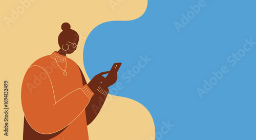 Stylish woman focused on her smartphone, embodying modern communication, digital lifestyle, and online connectivity. Ideal for technology, social media, or app concepts.