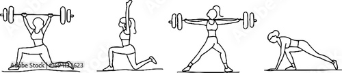 Minimalist line art of female fitness silhouettes in yoga and strength training poses for modern design