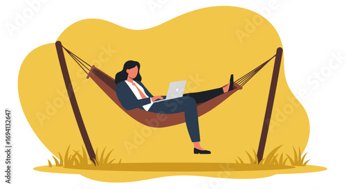 A businesswoman works remotely on a laptop while relaxing in a hammock outdoors, symbolizing modern flexible work, productivity, and work-life balance.