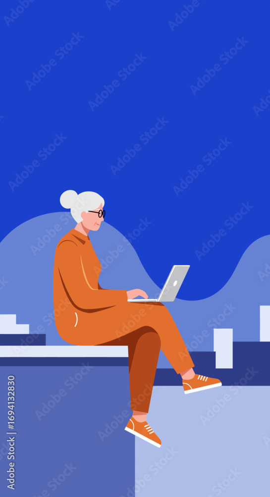 Obraz premium Engaged senior woman works on a laptop in a vibrant urban setting. Highlights modern active aging, digital literacy, and urban lifestyle. Useful for technology and business concepts.