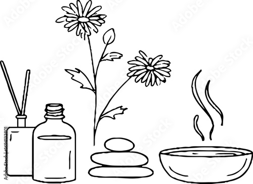 Minimalist line art of oil essence bottle and spa elements for skincare and relaxation design