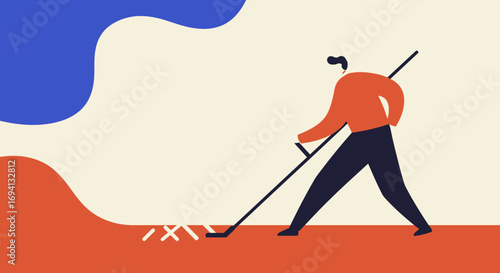 A man using a rake to level a red surface in a minimalist illustration, symbolizing hard work, preparation, gardening, or a fresh start. Ideal for business, home improvement, or lifestyle concepts.