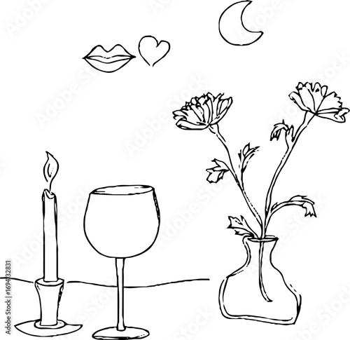 Minimalist line art of romantic evening setting with candle and wine