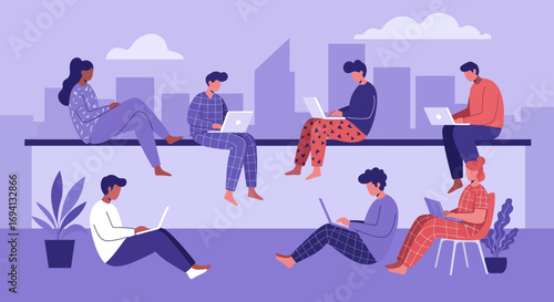 Diverse people in casual wear work remotely on laptops in an urban setting, representing flexible work, online collaboration, and modern digital lifestyles.