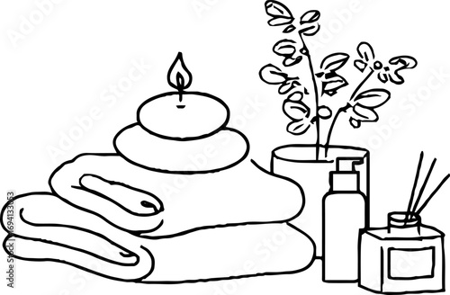 Minimalist line art of spa kit with towels, candle, and plants