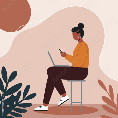 Illustration of a modern woman working remotely, using a laptop and smartphone in a stylish, abstract setting. Depicts digital work, multitasking, and a connected lifestyle.
