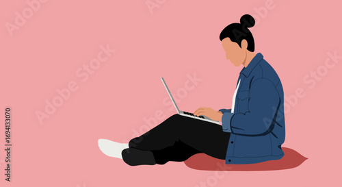 Minimalist illustration of a person working remotely on a laptop, embodying concepts of online learning, freelance work, and digital productivity in a comfortable, modern setting.