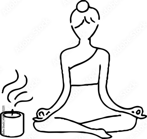 Minimalist line art of woman in lotus pose with candle, yoga meditation aesthetic design.
