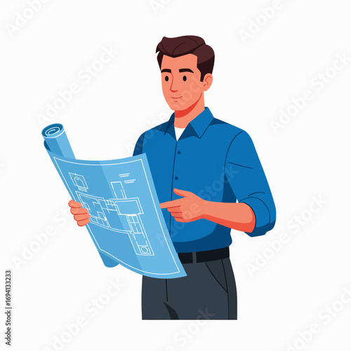 Professional Architect Examining Building Plans and Blueprints for Construction Project