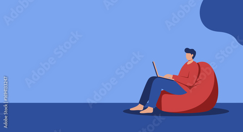 Casual person working remotely on a laptop while comfortably seated in a red bean bag chair. Ideal for concepts of work-life balance or freelance.
