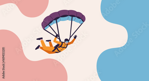 A person skydiving with an open parachute, experiencing adventure and freedom in the sky. Ideal for concepts of thrill, travel, and extreme sports.