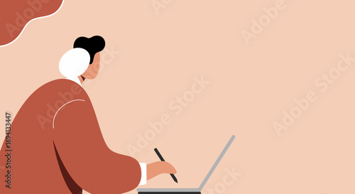 Illustration of a focused individual wearing headphones, working on a laptop with a stylus, embodying remote work, digital learning, and creative productivity.