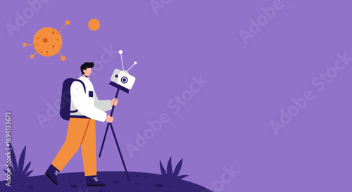 Explorer with backpack and scientific instrument researching an alien planet. Concept of space travel, discovery, science, and future technology.