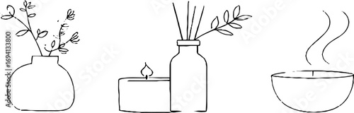 Minimalist line art set featuring aromatherapy diffuser and relaxation elements for home decor