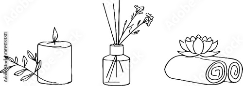 Minimalist line art set of aroma diffusers and candle design for relaxation and home decor