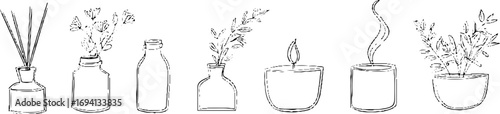 Minimalist line art collection featuring aromatherapy diffusers and floral elements for relaxing decor