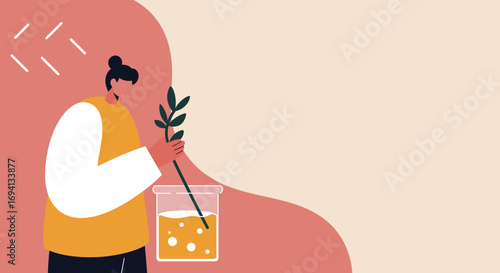 Person studying a plant branch in a scientific beaker with liquid. Represents research, natural medicine, botany, and eco-friendly innovation.