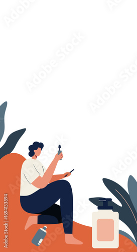 Relaxed person engaged in a beauty routine with various cosmetic products. Perfect for wellness, skincare, and lifestyle content.