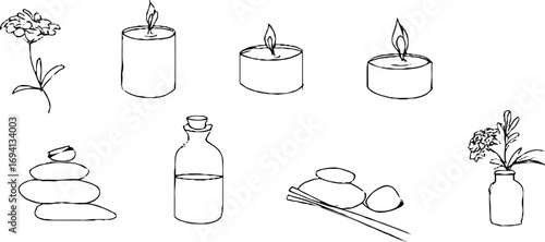Minimalist line art of candles and aromatic elements for spa and relaxation theme