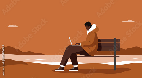 A man works remotely on his laptop from a scenic outdoor bench overlooking water and hills, embodying flexible modern work and a digital lifestyle.