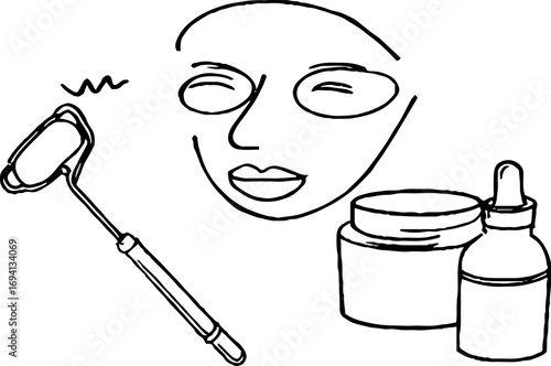 Minimalist line art face silhouette with skincare products for wellness design