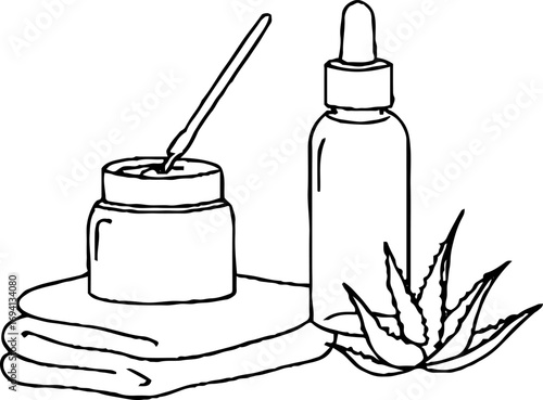 Minimalist line art of face cream, serum jar, and aloe for skincare and beauty