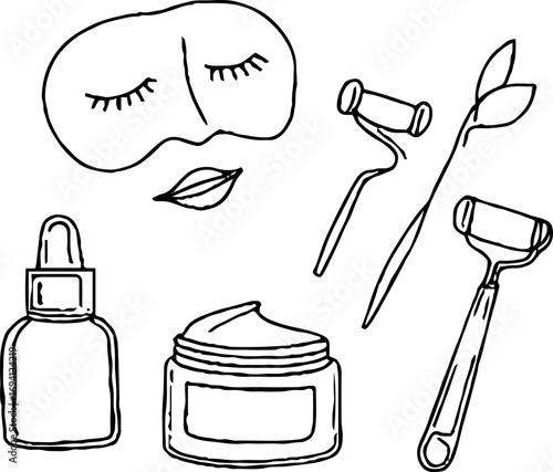 Minimalist line art collection of female beauty and skincare tools for aesthetic and design