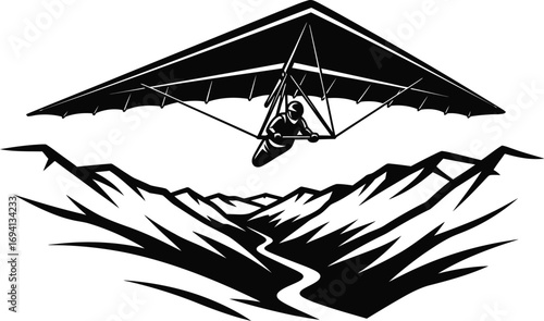 Hang glider soaring above mountain range, capturing thrill of adventure and freedom in great outdoors
