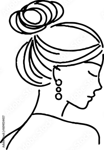 Elegant minimalist line art of female profile with elegant hair bun
