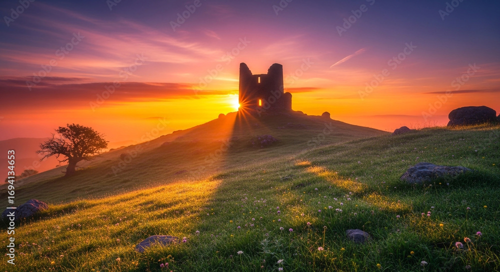 Obraz premium Dramatic sunset over ancient castle ruins on hill, golden hour landscape scenic view